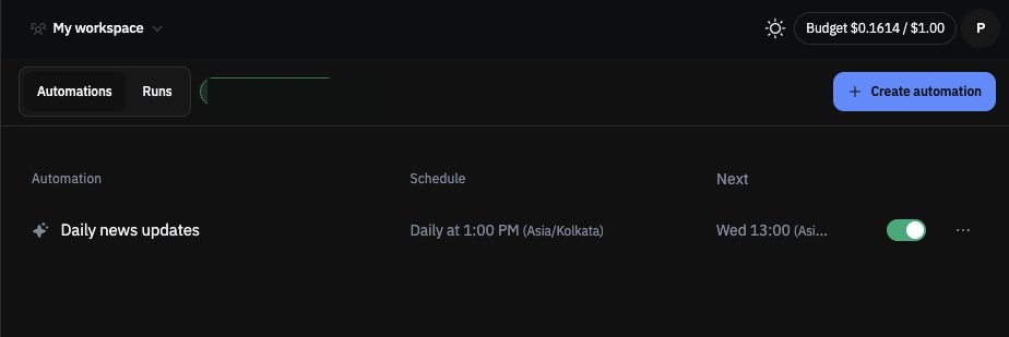 Automations list: Daily news updates scheduled for 1:00 PM Asia/Kolkata, toggle on