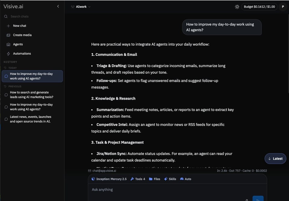Visive Agent chat: company workspace, $1 daily budget chip, and in/out/cache cost under the composer