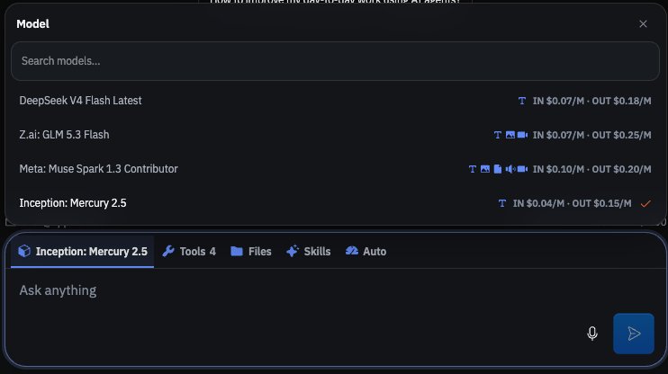 In-chat model picker showing allowlisted models and per-million token prices
