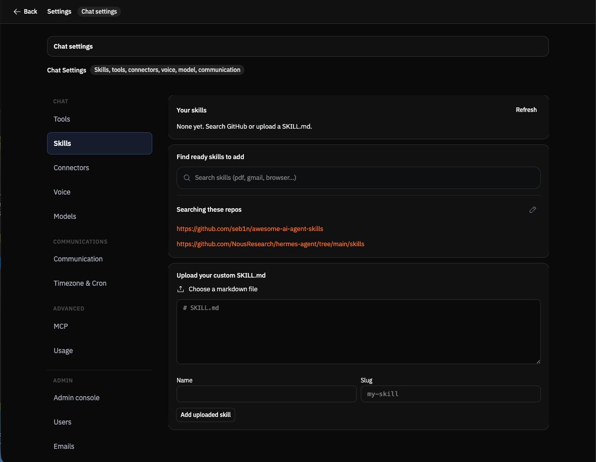 Full settings sidebar with Skills selected, GitHub skill sources and SKILL.md upload