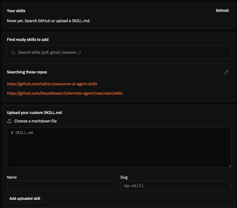 Skills admin: search GitHub skill repos or upload a custom SKILL.md with a name and slug
