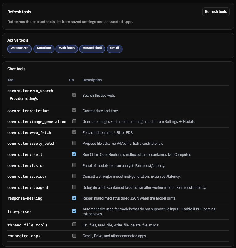 Tools table: web search, datetime, web fetch, hosted shell and Gmail enabled, with other tools off
