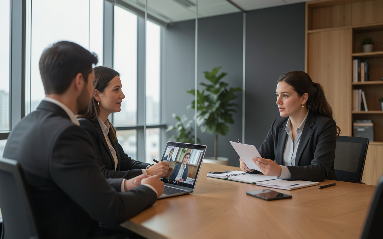 Corporate team conducting a live video interview in a meeting room
