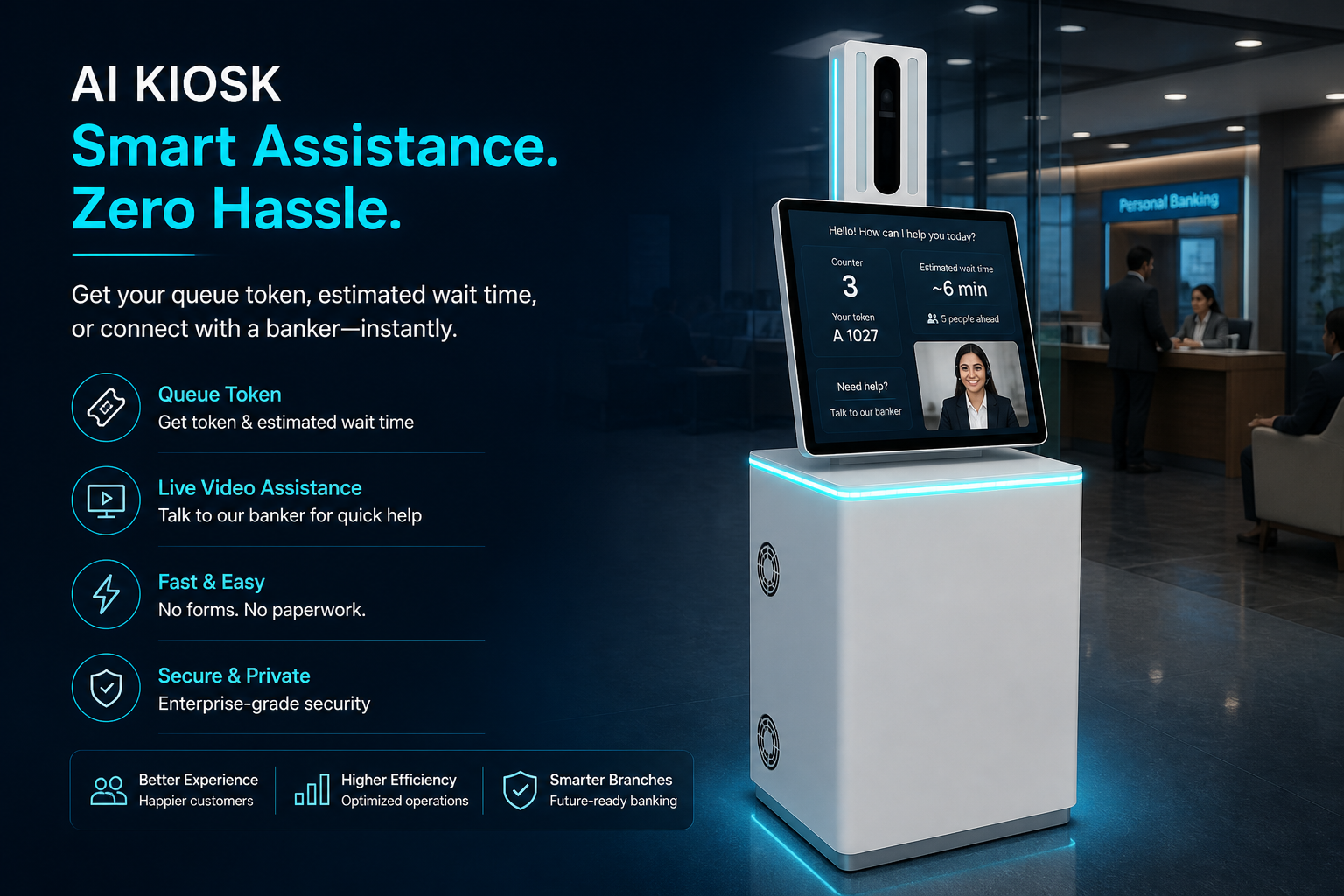 Customer using an AI Smart Kiosk in a bank branch
