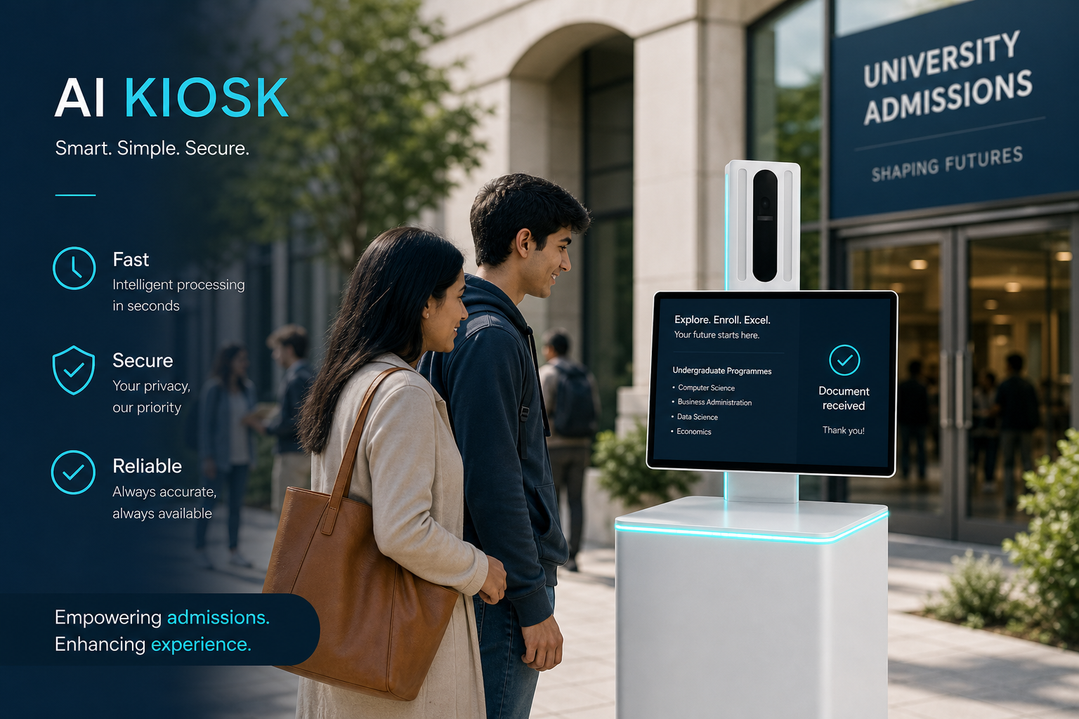 Family using an AI Smart Kiosk admissions kiosk on campus
