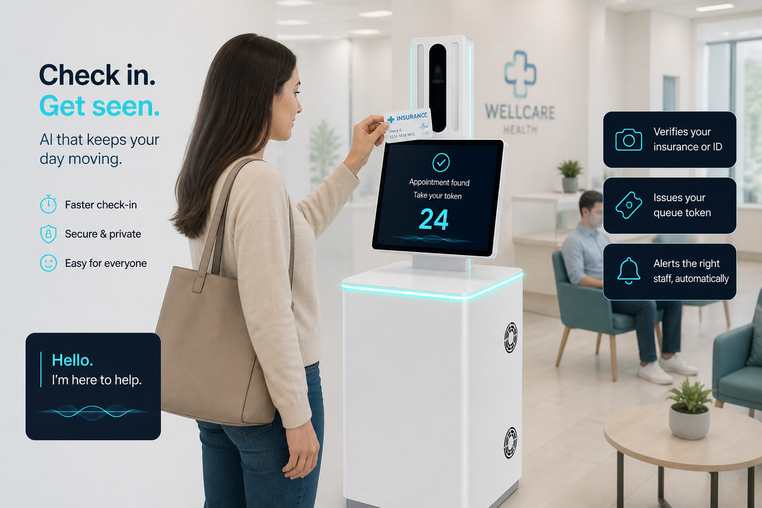 Patient checking in at an AI Smart Kiosk clinic kiosk