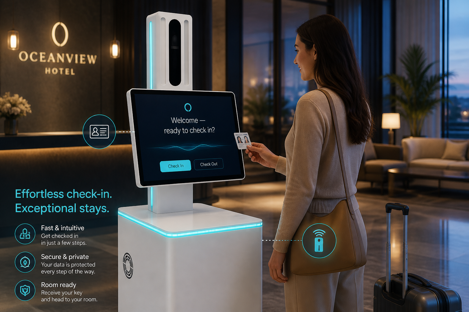 Guest checking in at an AI Smart Kiosk hotel kiosk