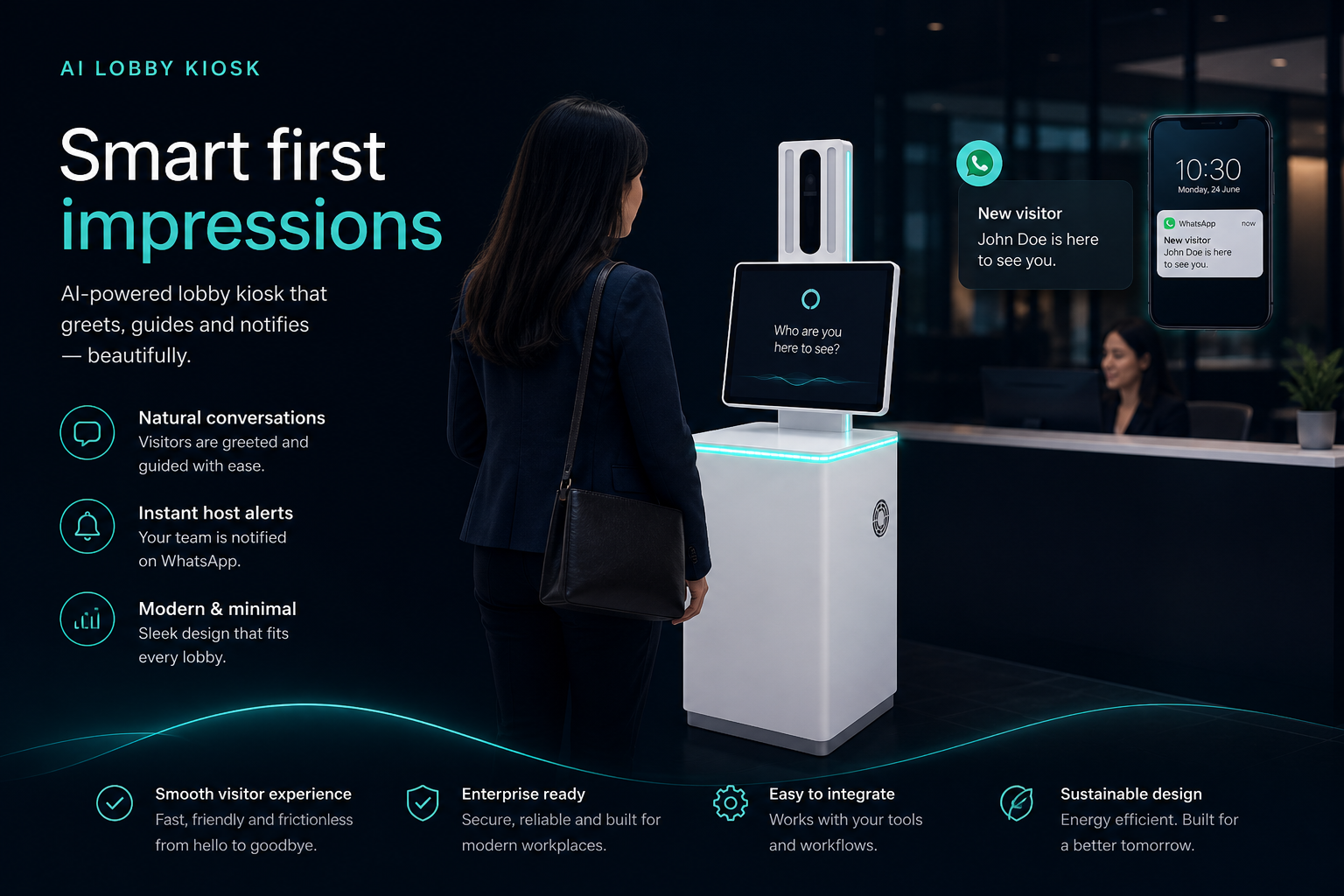 Visitor speaking to an AI Smart Kiosk reception kiosk