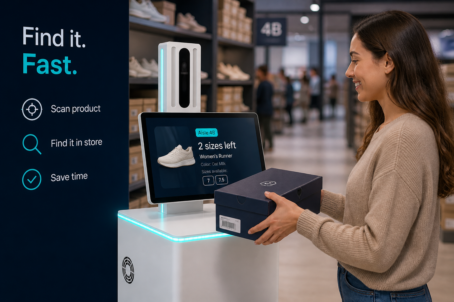 Shopper showing a product to an AI Smart Kiosk retail kiosk