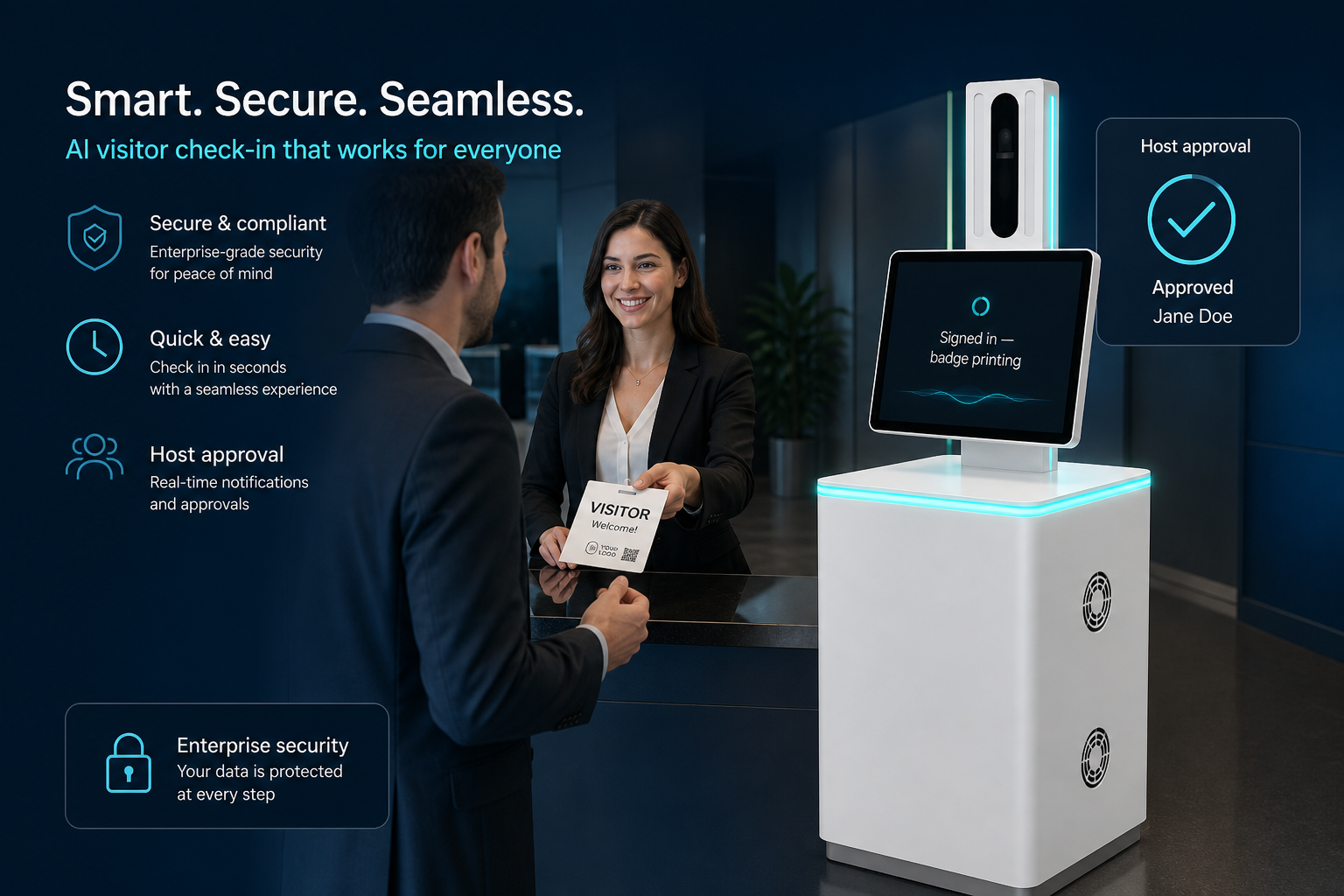 Visitor badge print at an AI Smart Kiosk security desk