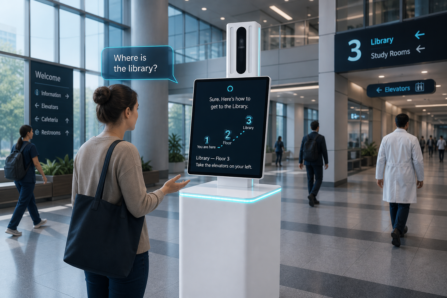 Person getting directions from an AI Smart Kiosk wayfinding kiosk
