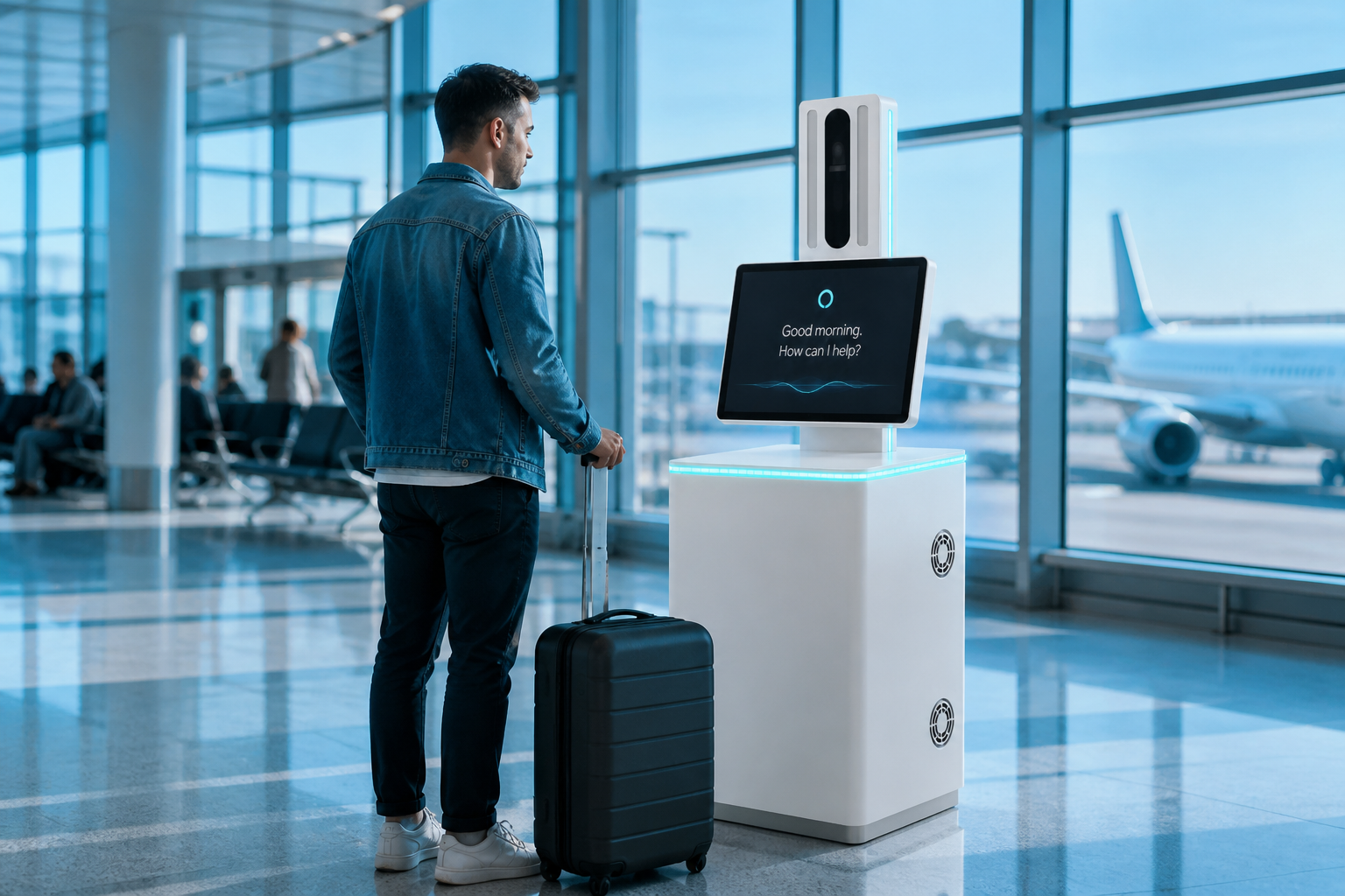 Traveler using an airport passenger guidance kiosk