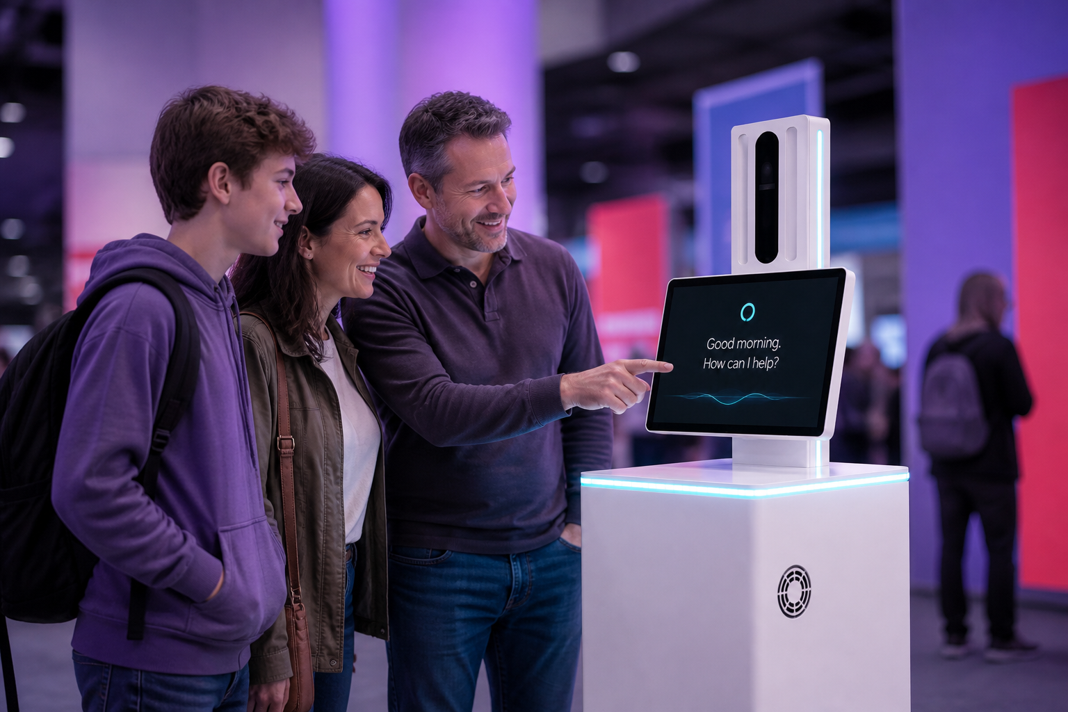 Family at a campus admissions kiosk