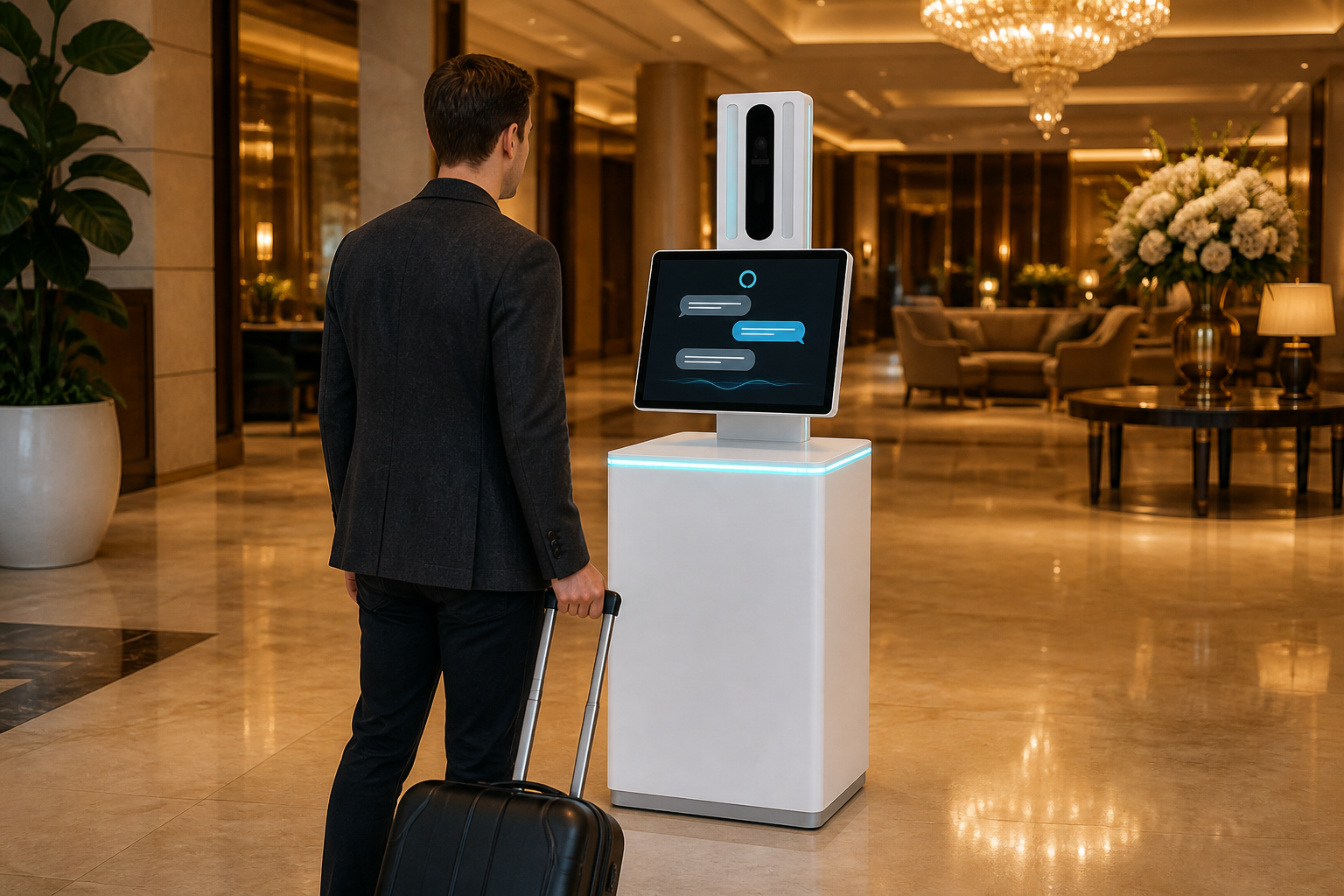Guest checking in at a hotel lobby kiosk