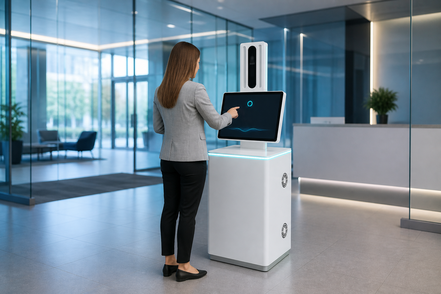 Visitor at a corporate reception kiosk