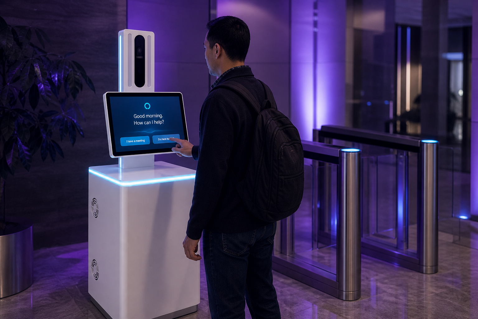 Visitor signing in at a security desk kiosk