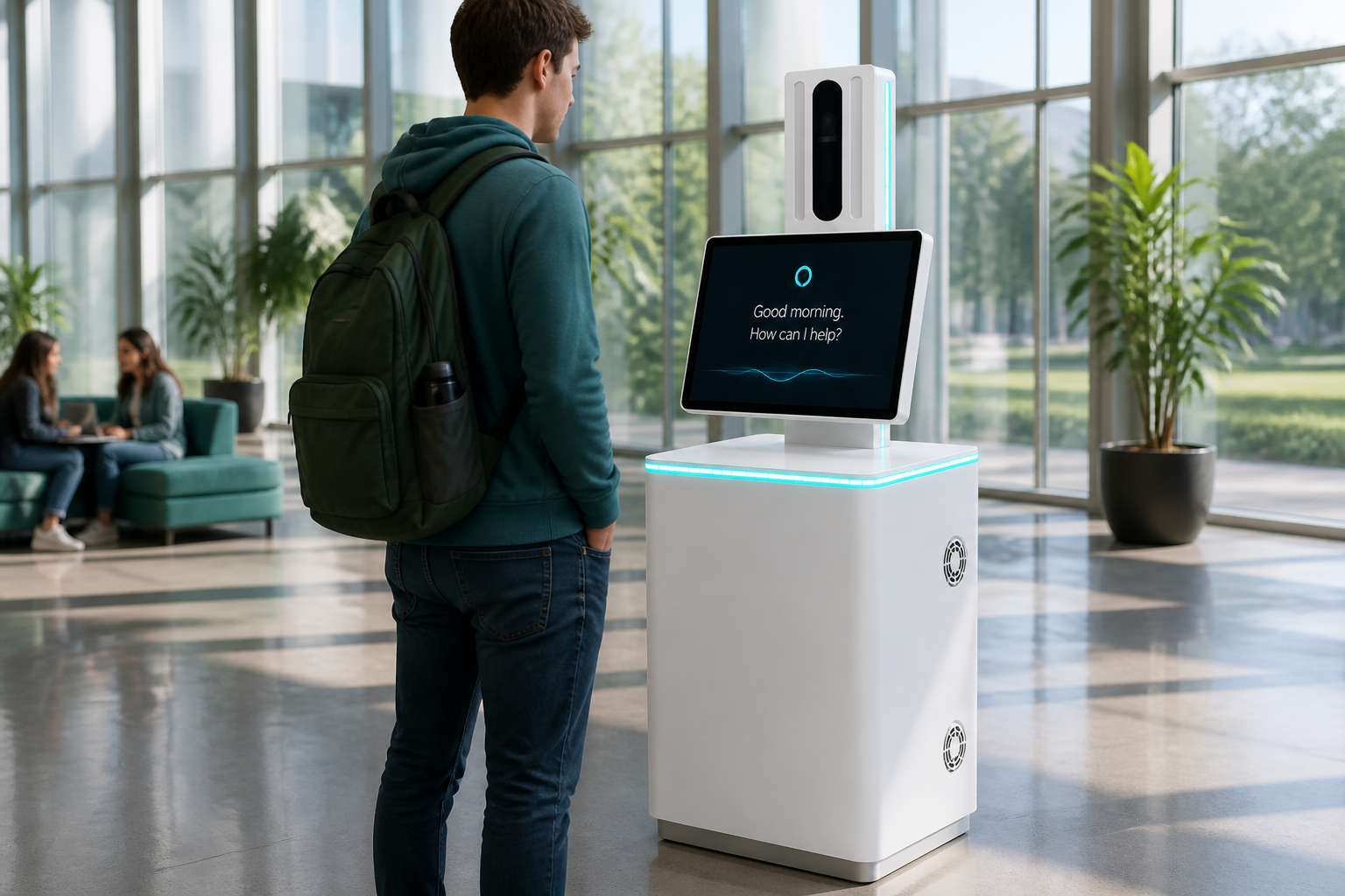 Person getting directions from a campus wayfinding kiosk