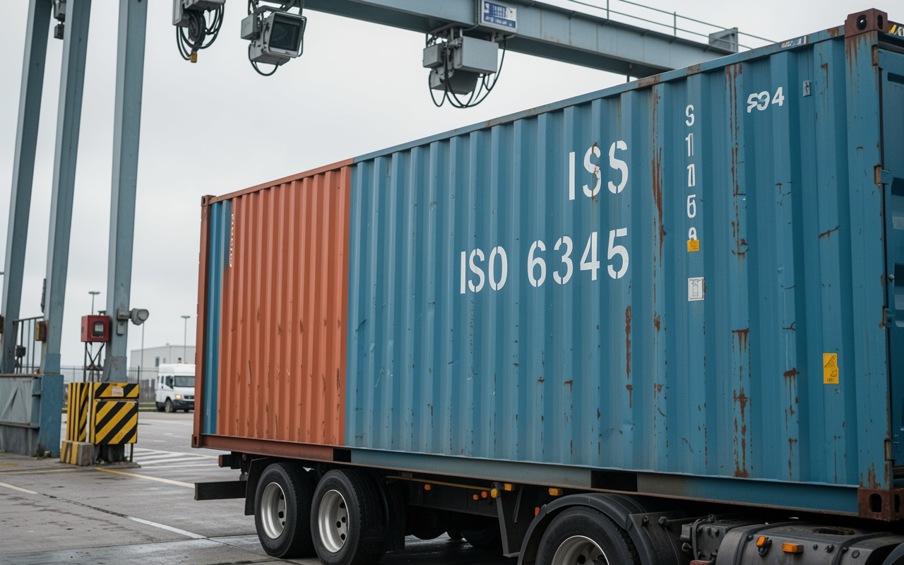 Shipping container at a terminal gate under OCR cameras