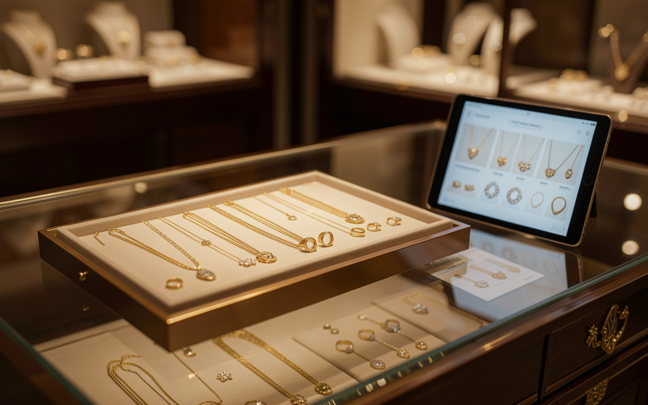 Jewellery display tray beside a tablet showing visual inventory